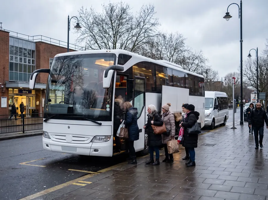 A white coach with a minibus parked behind it outside Ealing station on a grey winter afternoon, a group of women in coats boarding with bags, bare trees overhead
