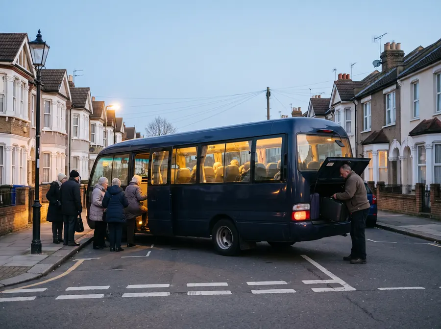 A dark navy 16-seat minibus at dawn on an Ealing street of Victorian terraces, an older group waiting to board while the driver loads a case into the rear luggage bay